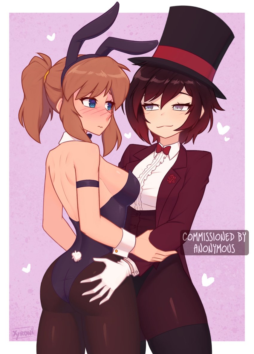 2girls :3 a_hat_in_time absurdres aged_up alternate_costume animal_ear_hairband animal_ears black_bow black_bowtie black_hairband black_hat black_pantyhose blue_eyes blush bow bowtie breasts brown_hair buttoned_cuffs buttons closed_mouth collared_shirt commentary commission cowboy_shot crossover detached_collar english_commentary fake_animal_ears fake_tail gloves grey_eyes hair_tie hairband hand_on_another's_ass hat hat_kid hat_ribbon heart highres jacket leotard long_sleeves looking_at_another medium_hair multiple_girls pantyhose playboy_bunny ponytail purple_background rabbit_ears rabbit_tail red_bow red_bowtie red_hair red_ribbon ribbon ruby_rose rwby shirt strapless strapless_leotard suit_jacket tail top_hat wavy_mouth white_gloves white_shirt wrist_cuffs xyronii yuri