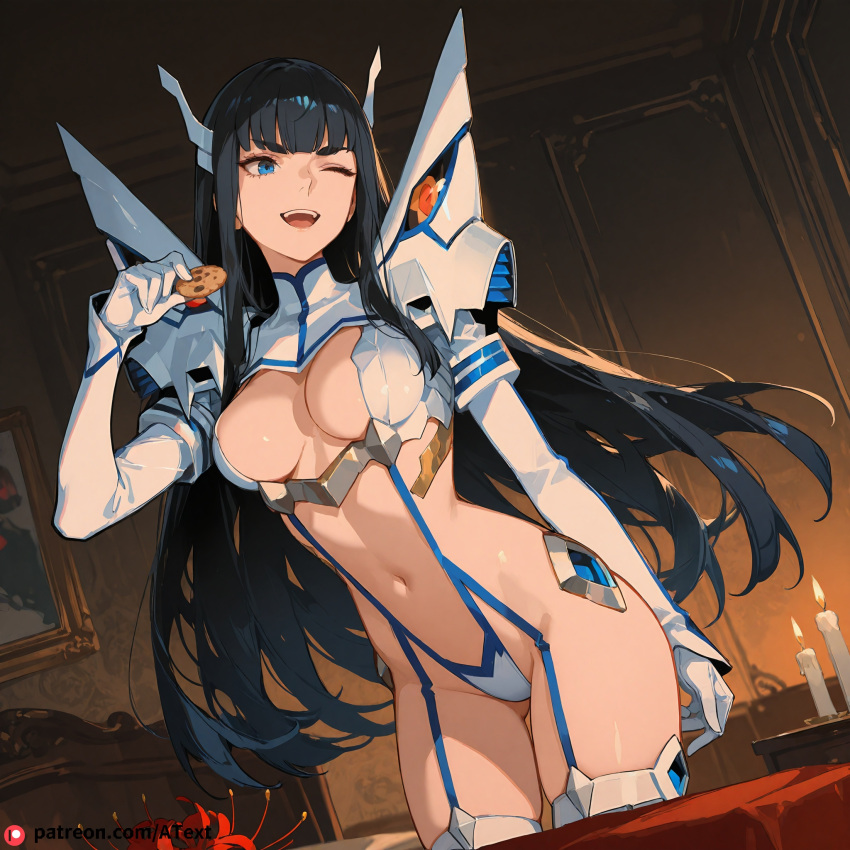 ;d ai_generated beautfiul_background bedroom black_hair blunt_bangs cleavage cookie dim_candlelight full_arm_sleeves garter_straps gloves junketsu kiryuuin_satsuki medium_breasts music revealing_clothes spider_lily stunning_backgroud suggestive very_long_hair