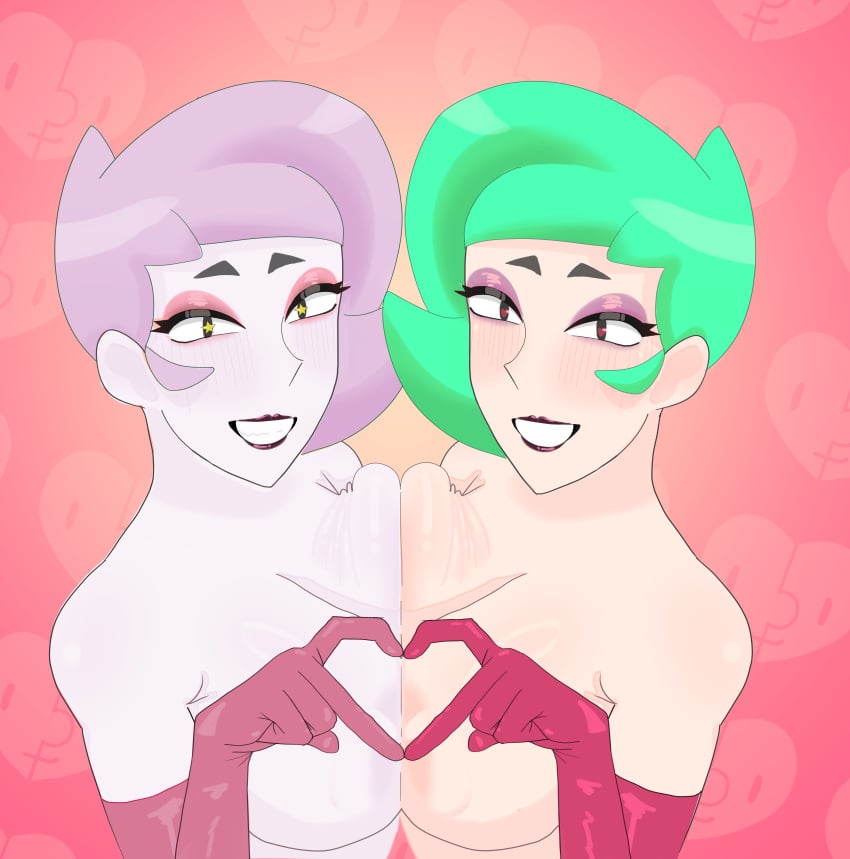 blowjob bo_(brawl_stars) brawl_stars double_blowjob double_fellatio fellatio green_hair lipstick lola_(brawl_stars) milf supercell valentine's_day