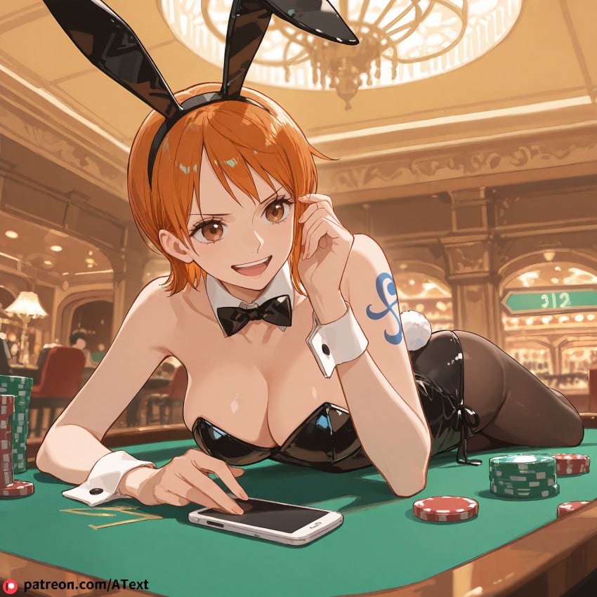 ai_generated beautfiul_background breasts brown_eyes bunnysuit casino cellphone cleavage cluttered_room collarbone laughing medium_breasts nami_(one_piece) orange_hair prone_bone_anal short_hair stunning_backgroud