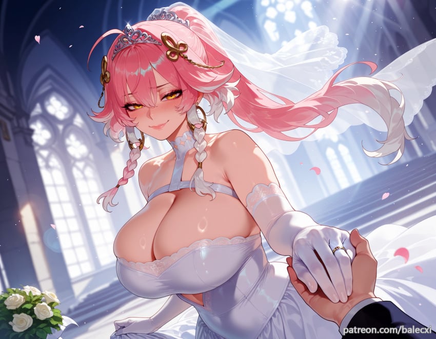 1boy ai_generated balecxi bare_shoulders blush braid bridal_veil bride changli_(wuthering_waves) cleavage earrings elbow_gloves female flower hair_ornament holding_hands huge_breasts jewelry long_hair looking_at_viewer multicolored_hair pink_hair ponytail ring smile solo_focus tiara wedding_dress white_dress white_gloves wuthering_waves yellow_eyes