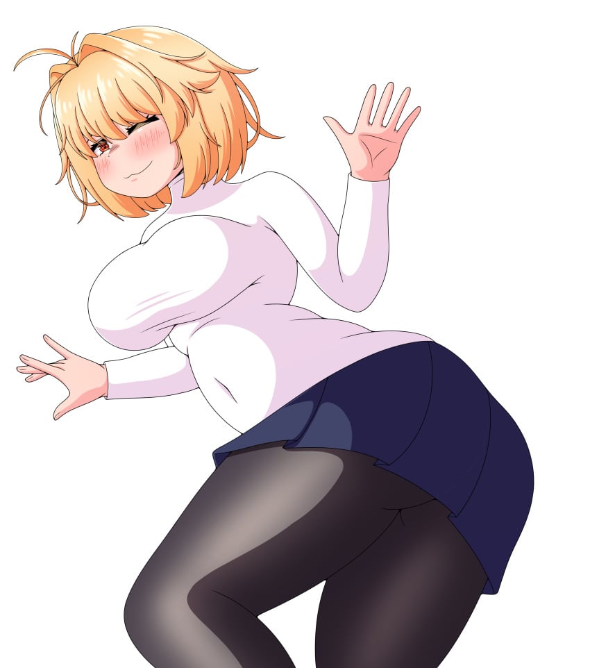 1girls ahoge alternate_version_available ass ass big_ass big_breasts blonde_hair blush hands_up huge_breasts large_ass large_breasts laying_down looking_at_viewer one_eye_closed pantyhose plump reaching_towards_viewer red_eyes short_hair simple_background skirt smile sweater thighs turning_around turtleneck_sweater vlacksr white_background wink winking_at_viewer