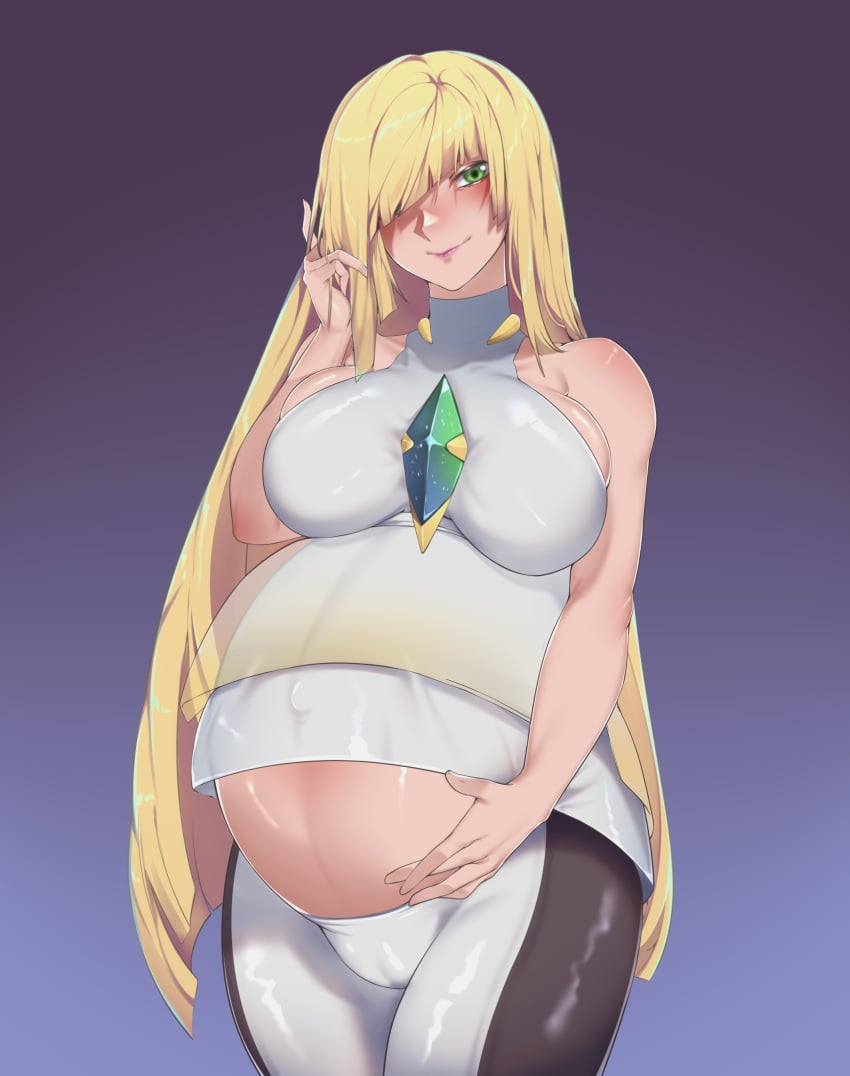 blonde_hair blush breasts dovinder gem hand_on_belly large_belly large_breasts light_skin lusamine_(pokemon) mature mature_female milf pokemon pokemon_sm preggo pregnant pregnant_female ready_to_pop smile voluptuous voluptuous_female