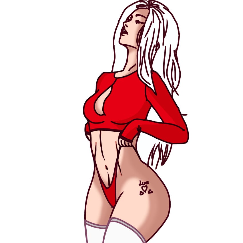 bikini blouse hair_on_shoulder heart_tattoo high_socks highleg highleg_panties long_hair looking_up medium_breasts original panties pulling_panties red_blouse red_panties standing straight_face straight_hair tattoo white_hair white_socks