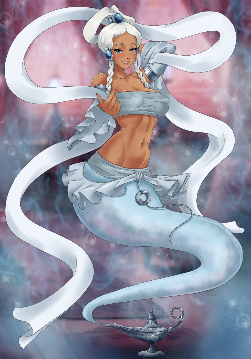 amenoosa avatar_the_last_airbender bare_midriff beckoning blushing_at_viewer cleavage genie grinning grinning_at_viewer half_naked harem_outfit oil_lamp slave_outfit suggestive_gesture suggestive_look suggestive_pose tail white_hair yue