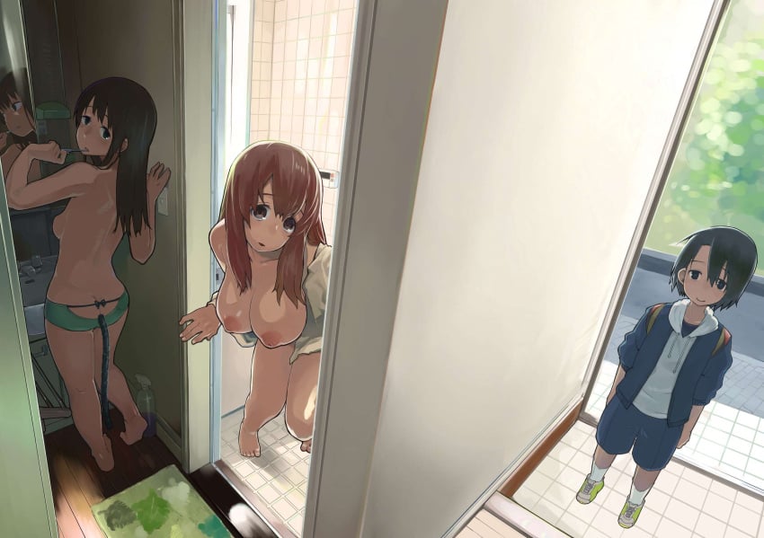 3girls anal anal_object_insertion anal_tail ass ass_cutout back backpack bag barefoot bathroom black_eyes black_hair blue_eyes blue_jacket blue_shorts breasts brown_eyes brown_hair butt_crack butt_plug cat_tail clothing_cutout fake_tail full_body green_footwear green_panties highres holding holding_toothbrush hood hoodie jacket koe_no_katachi large_breasts leaning_forward long_hair looking_at_viewer looking_back mirror multiple_girls natsume_(tsu-na) nipples nishimiya_shouko nishimiya_yuzuru no_bra object_insertion open_mouth panties robe shoes short_hair shorts sink sneakers socks standing tail tile_floor tiles toothbrush topless ueno_naoka underwear white_hoodie white_robe white_socks wooden_floor