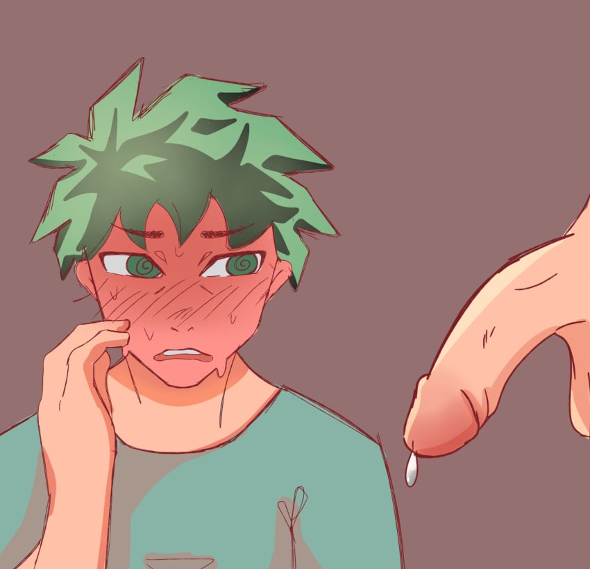 ashamed bakugou_katsuki face_closeup gay hero_outfit_(mha) huge_cock midoriya_izuku my_hero_academia yaoi