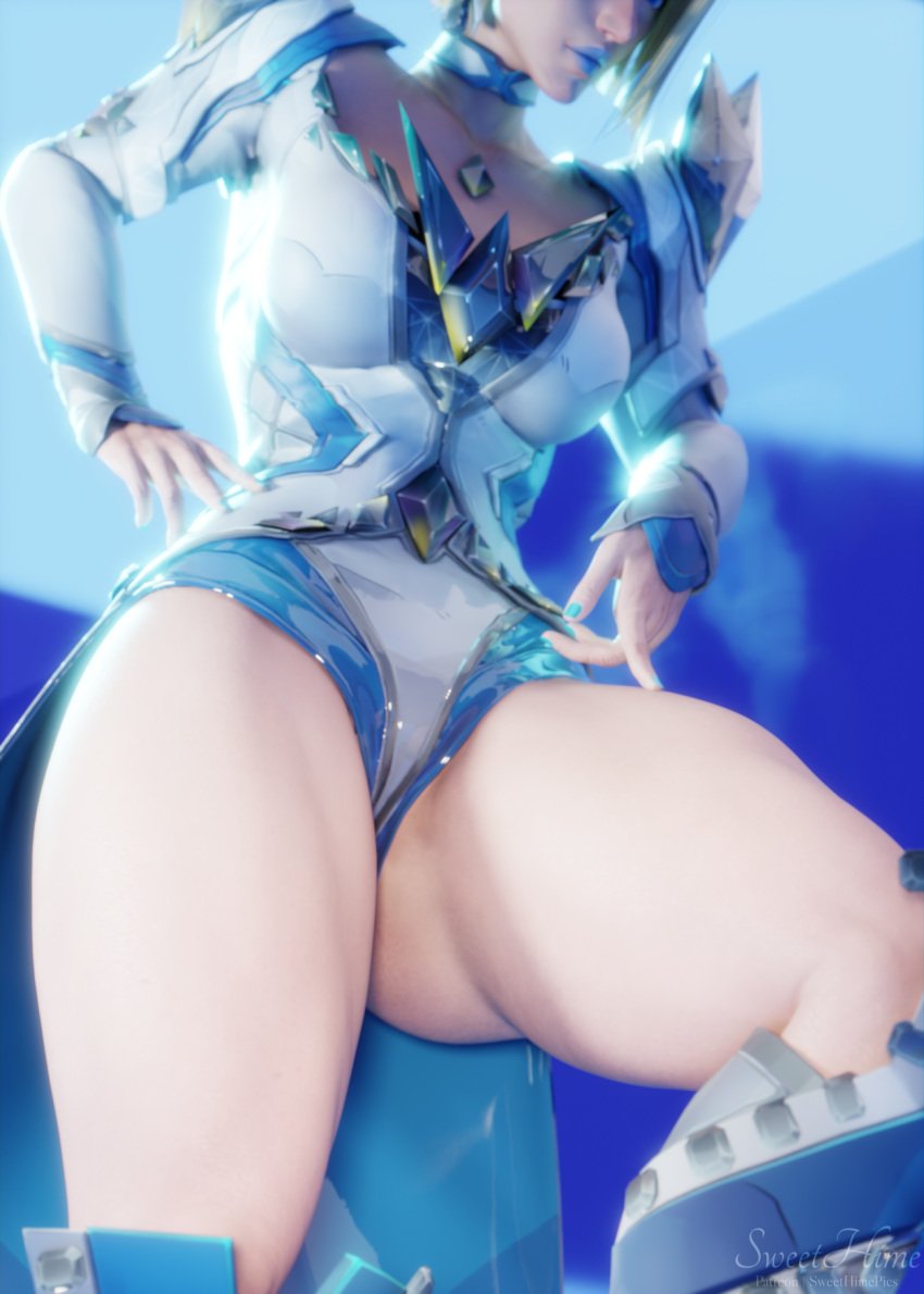 1girls 3d ass_visible_through_thighs big_thighs blonde_female blonde_hair blue_lipstick blue_nails bob_cut boots emma_frost emma_frost_(marvel_rivals) female hand_on_hip hand_on_thigh marvel marvel_rivals simple_background solo sweethime thick_thighs view_from_below