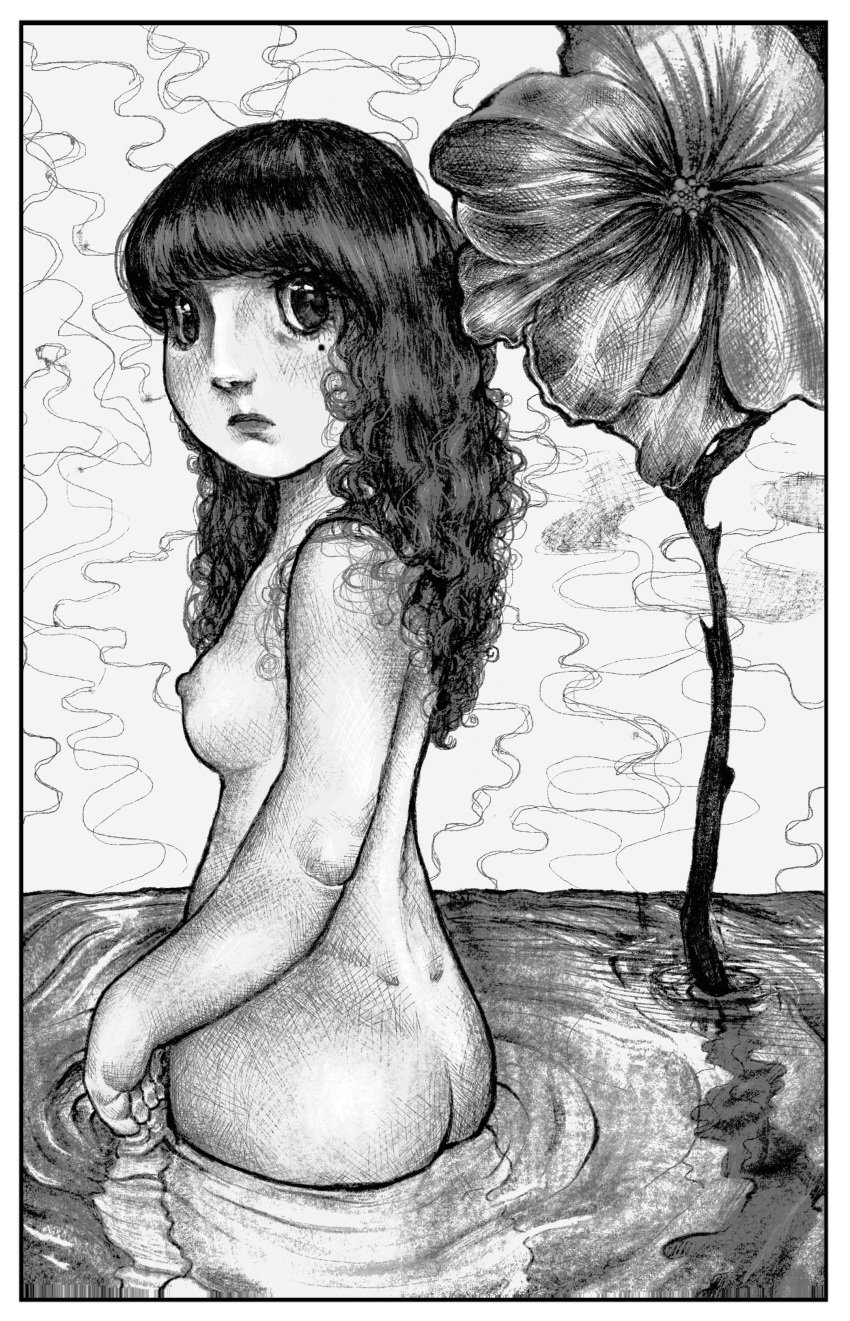 1girls artistic_nude bangs bare_back bathing black_and_white black_hair completely_nude completely_nude_female crosshatching curly_hair dark_hair derpgirl5566 digital_drawing_(artwork) dimples_of_venus exposed_breasts flower grey_background grey_body grey_skin jewish_female large_nose long_curly_hair long_hair monochrome naked naked_female nude_female peeping pencil_(artwork) pencil_sketch river round_ass round_butt solo solo_female still_water unnamed_character wading water