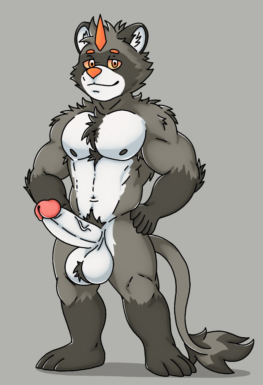 abs absurd_res anthro ball_tuft balls barazoku belly biceps big_balls big_chest big_penis black_body black_fur body_hair chest_fur chest_hair chest_tuft dragon dulka_(the_non_raccoon) erection eyebrows full-length_portrait fur genitals glans grey_body grey_fur hand_on_hip hi_res horn humanoid_genitalia humanoid_penis hybrid kirin looking_at_viewer male mammal muscular muscular_anthro muscular_male mythological_creature mythological_scalie mythology navel nipples nude nude_anthro nude_male orange_eyebrows orange_eyes orange_horn orange_nose pecs penis pink_glans portrait procyonid pubes raccoon rjquaty scalie simple_background solo the_non_raccoon tuft urethra vein veiny_penis white_belly white_face yellow_sclera