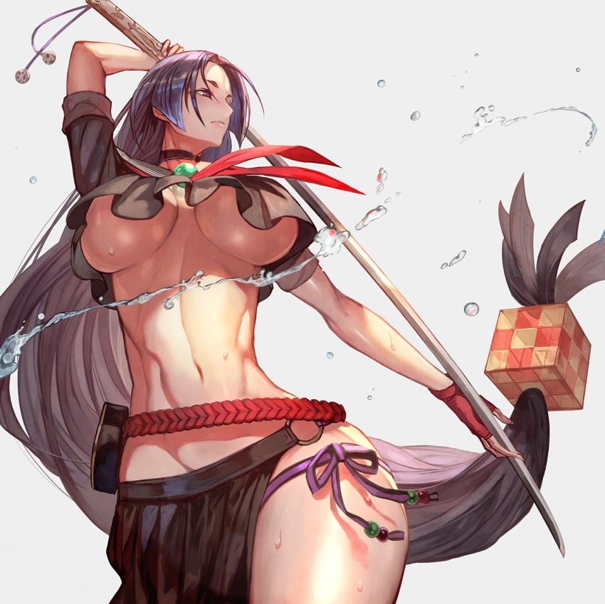 1girls arm_up big_breasts breasts breasts_apart choker curvy fate/grand_order fate_(series) female female_focus female_only grey_background hair_ornament highres huge_breasts katana lack large_breasts long_hair midriff minamoto_no_raikou_(fate) minamoto_no_raikou_(fate/grand_order) minamoto_no_raikou_(swimsuit_lancer)_(fate) minamoto_no_raikou_(swimsuit_lancer)_(second_ascension)_(fate) narrow_waist navel no_bra oppai purple_eyes purple_hair simple_background solo sword thighs underboob veins veiny_breasts very_long_hair voluptuous voluptuous_female water weapon wide_hips