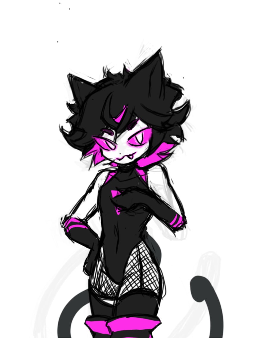 1boy black_clothing black_hair cat_ears cat_tail cerbera_(oc) femboy fishnets friday_night_funkin leotard long_gloves pale_skin pink_eyes pink_hair sketch wip