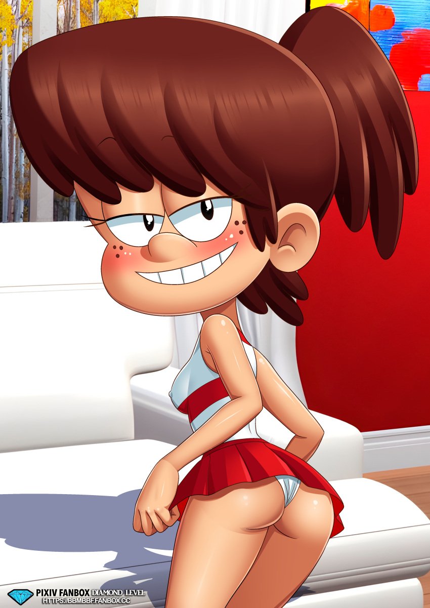 1girls ass bbmbbf blush cheerleader cheerleader_uniform diamond_level female female_only looking_at_viewer lynn_loud nickelodeon palcomix pietros_secret_club presenting solo teeth the_loud_house