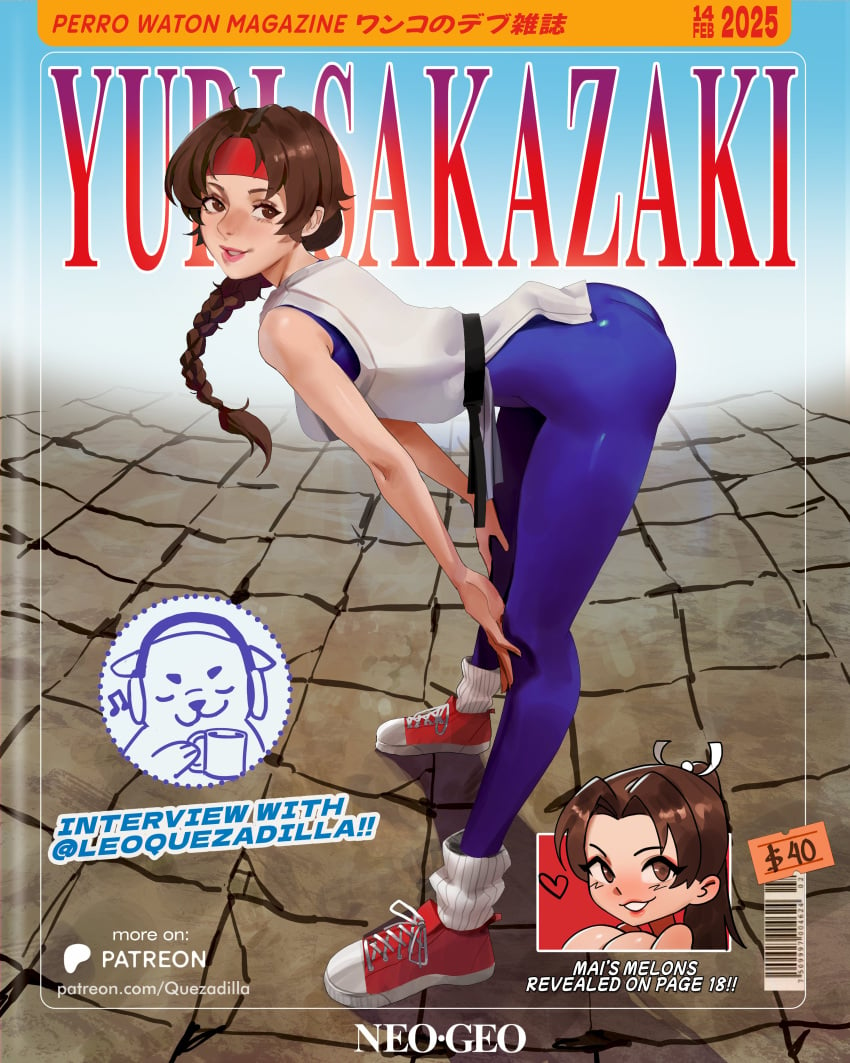 art_of_fighting ass ass ass_visible_through_clothes bent_over big_butt braid braided_hair clothed fake_cover fully_clothed king_of_fighters leggings leoquezadilla long_hair long_legs looking_at_viewer magazine_cover posing quezadilla skintight snk teenage_girl tight_clothing tight_leggings yuri_sakazaki