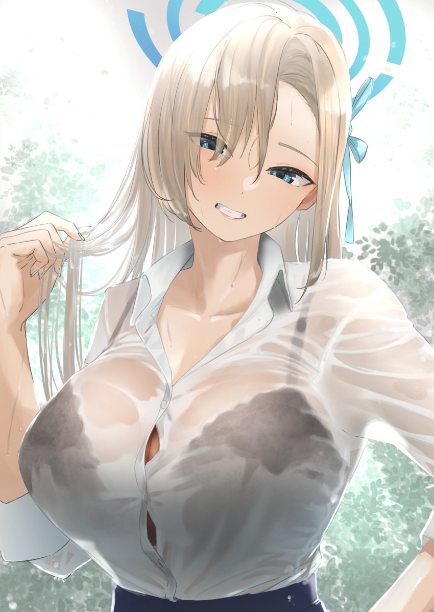 1girls absurdres asuna_(blue_archive) asuna_(school_uniform)_(blue_archive) asymmetrical_bangs black_bra blonde_hair blue_archive blue_eyes blue_halo blue_nails blush bra bra_visible_through_clothes breasts button_gap cleavage collared_shirt grin hair_over_one_eye hair_ribbon halo hand_up highres holding holding_own_hair large_breasts long_hair looking_at_viewer nail_polish ribbon school_uniform see-through_clothes see-through_shirt shirt sleeves_rolled_up smile solo tama_(seiga46239239) tama_(tamago) teeth underwear upper_body wet wet_clothes wet_hair wet_shirt white_shirt