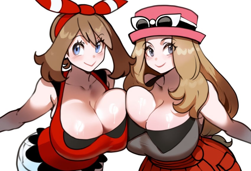 2girls ai_generated blue_eyes breasts_bigger_than_head brown_hair female game_freak huge_breasts large_breasts may_(pokemon) mullon nintendo novelai pokemon pokemon_oras pokemon_rse pokemon_xy serena_(pokemon) top_heavy