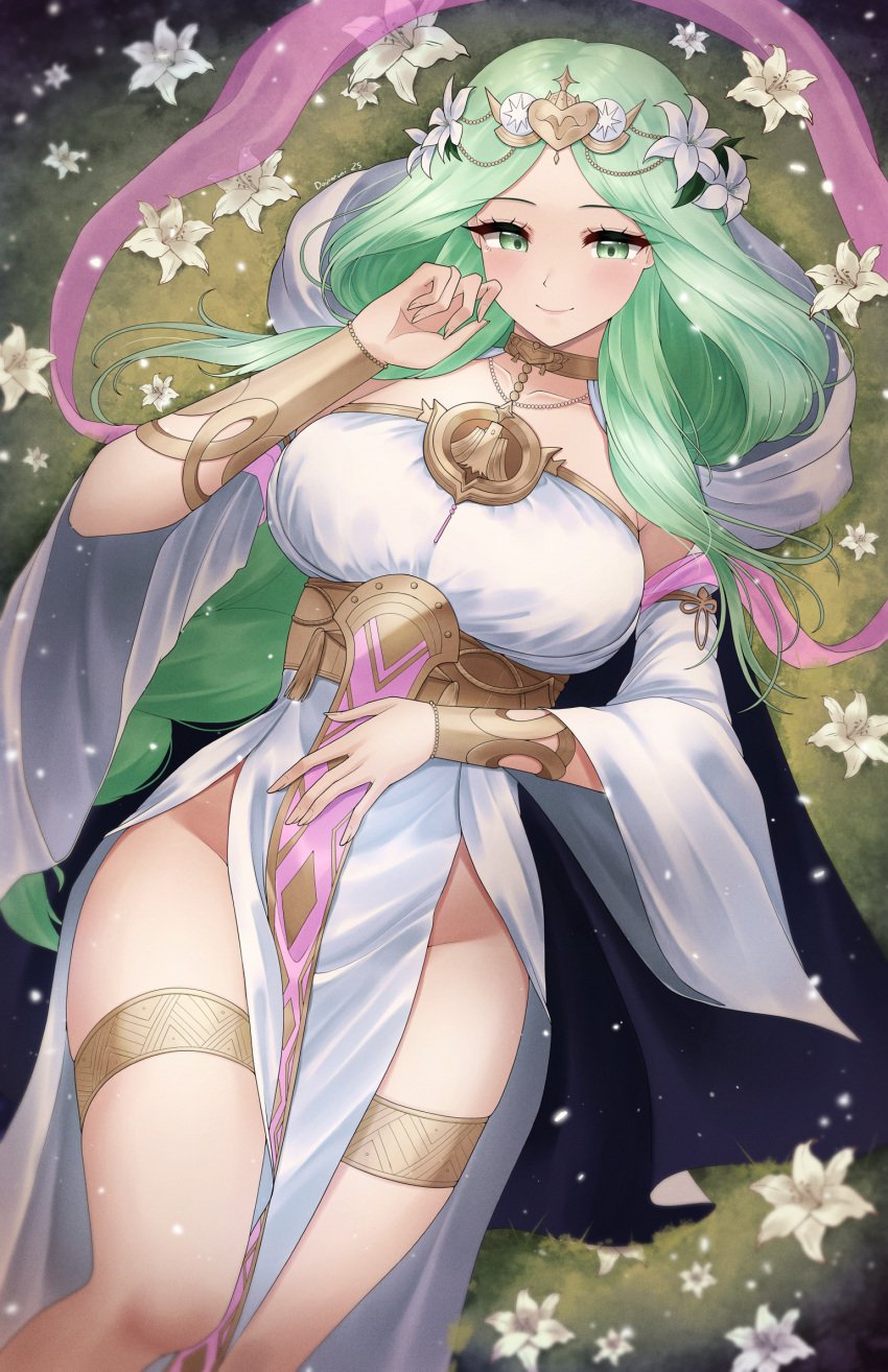 breasts detached_sleeves doiparuni dress female fire_emblem fire_emblem:_three_houses fire_emblem_heroes flower green_eyes green_hair hair_flower hair_ornament highres jewelry large_breasts long_hair lying no_panties official_alternate_costume on_back pelvic_curtain rhea_(aura_of_love)_(fire_emblem) rhea_(fire_emblem) smile solo thigh_strap very_long_hair white_dress white_flower