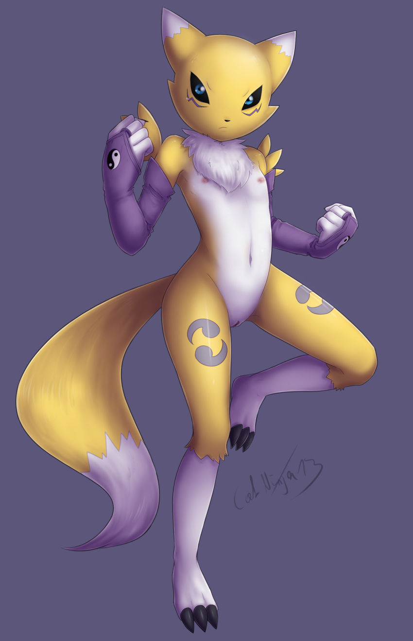 blue_eyes breasts catninja13 chest_tuft clitoris clothing digimon female flat_chested fur furry furry_only gloves looking_at_viewer nipples nude pussy renamon simple_background solo spread_legs spreading tuft