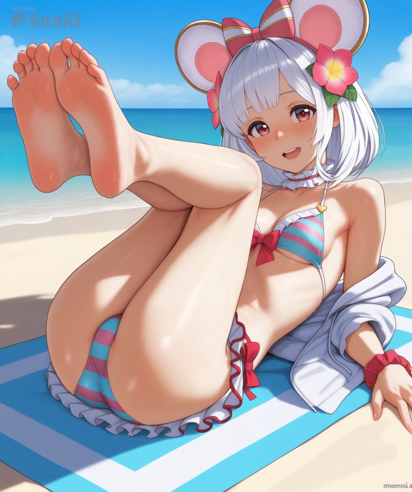 1girls ai_generated ass beach feet foot_fetish granblue_fantasy looking_at_viewer lying lying_on_back on_towel open_mouth outdoors seacreator skinny small_breasts smile soles solo toes vikala_(granblue_fantasy)