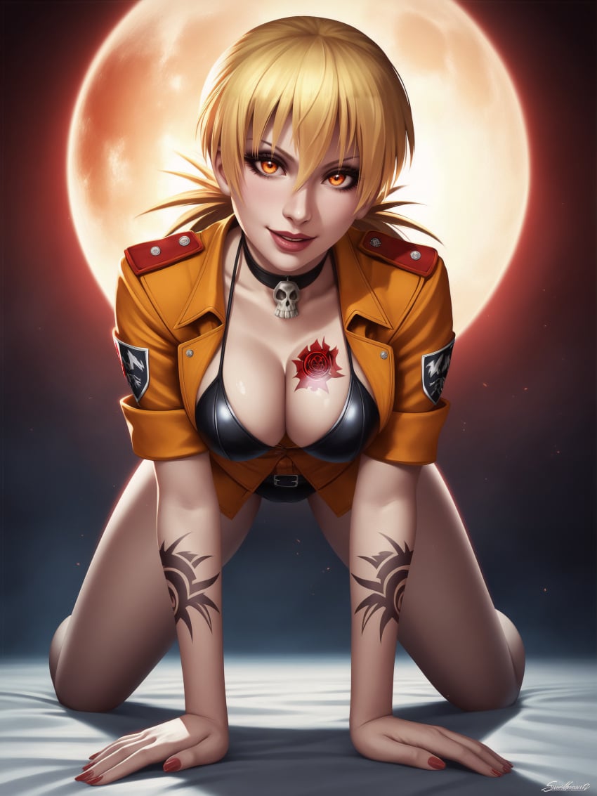 ai_generated blonde_hair breasts breasts_out collar hellsing infiniteskull moon moonlight seductive_look seras_victoria shaved_pussy short_hair