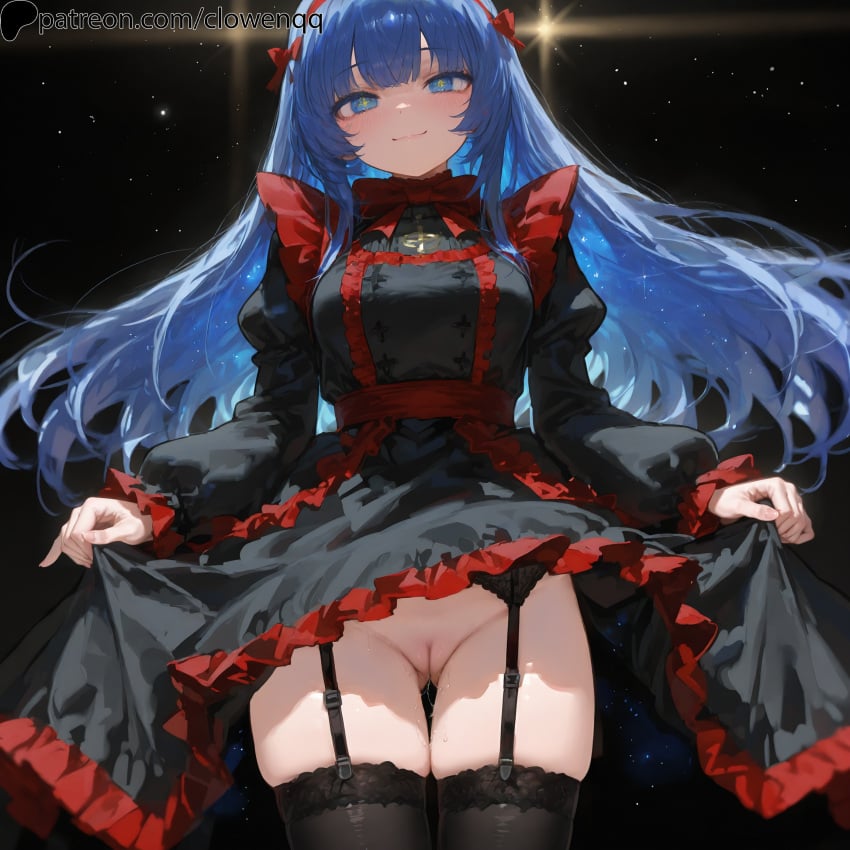 1girls ai_generated ass_visible_through_thighs bangs black_legwear black_souls black_souls_2 blue_eyes blue_hair blush bow cleft_of_venus clowenqq dress dress_lift female female_focus female_only frills front_view garter_straps innie_pussy legwear long_hair looking_at_viewer mabel_(black_souls) no_panties presenting presenting_pussy pussy pussy_juice smile solo solo_female solo_focus standing symbol-shaped_pupils thick_thighs thighhighs thighs uncensored wet_pussy
