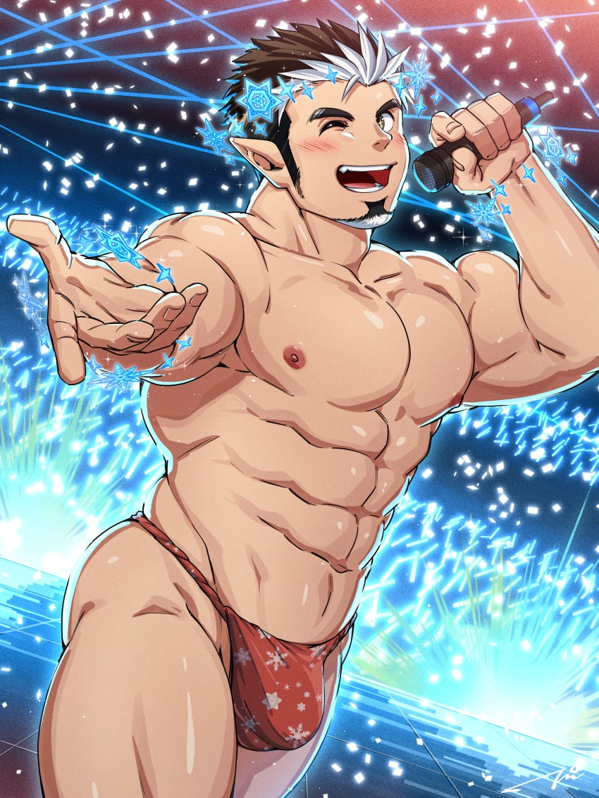 1boy abs armpits arms_up ass ass_visible_through_thighs bara beard beefy biceps big_areola big_breasts blush brown_hair bubble_butt collarbone confetti cross-shaped_pupils eight_pack fingernails fundoshi fundoshi_only gay gesture glow_sticks green_eyes hi_res holding_object hunk idol laugh looking_at_viewer male male_breasts male_only manly mature_male microphone multicolored_hair muscles muscular muscular_arms muscular_legs muscular_male muscular_thighs no_body_hair one_eye_closed open_mouth oppai pecs pointy_ears red_fundoshi rokushaku_fundoshi short_hair sideburns singing six_pack snowflake solo stage stage_lights standing tepen_(tptptpn) thick_arms thick_thighs tokyo_afterschool_summoners tomte_(tokyo_afterschool_summoners) topless tough_guy two_tone_hair very_high_resolution white_hair wink winking_at_viewer yaoi