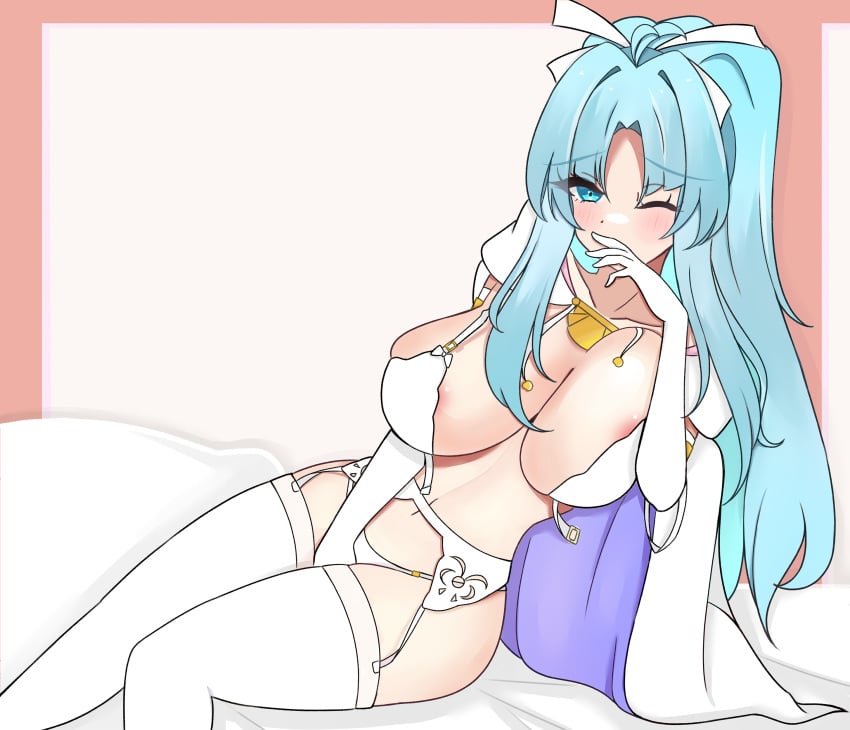 aqua_hair bed bra breasts bridal_gauntlets cape crossed_legs esttea female front-hook_bra golden_sun hair_ribbon implied_masturbation large_breasts lingerie mia_(golden_sun) navel nintendo open_bra pillow ponytail ribbon solo underwear wide_ponytail