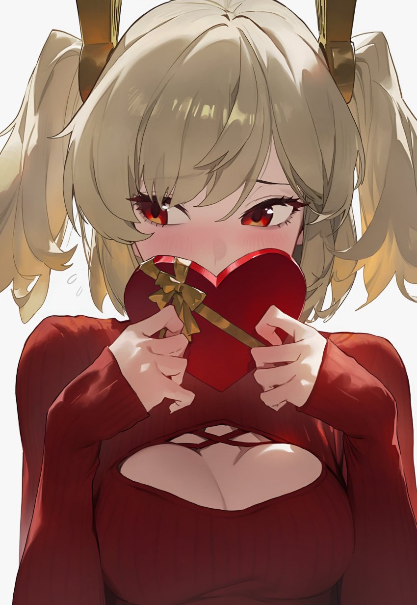 1girls 2025 blonde_female blonde_hair blonde_hair_female blush blush_lines blushing_female burnice_white cleavage cleavage_cutout cleavage_window embarrassed embarrassed_female eyes female female_focus female_only girl harev_(artist) heart heart_symbol light-skinned_female light_blush light_skin looking_away mihoyo red shy shy_expression slight_blush solo solo_female solo_focus sweater tagme tagme_(artist) twintails valentine's_day zenless_zone_zero