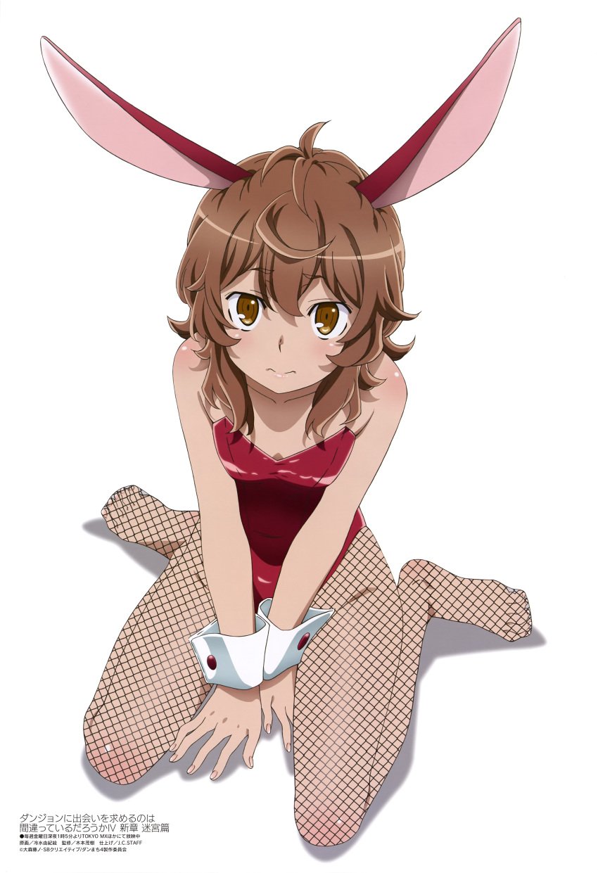 ahoge bare_arms bare_shoulders blush body_blush breasts brown_eyes brown_hair bunny_ears bunnysuit cleavage closed_mouth collarbone dungeon_ni_deai_wo_motomeru_no_wa_machigatteiru_darou_ka feet fishnet_pantyhose hiyamizu_yukie leotard liliruca_arde megami_magazine official_art red_leotard short_hair small_breasts thighs toes wariza wrist_cuffs