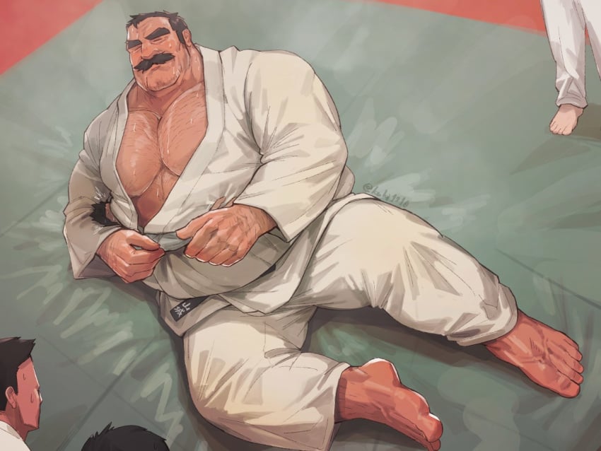 crushing dad_bod facial_hair gay gi kuki1210 male male_only moustache overweight size_difference sweat sweating