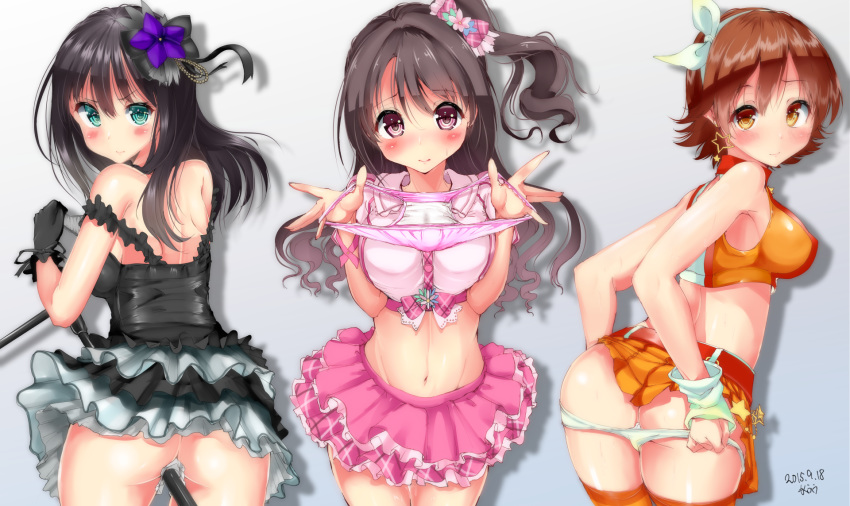 3girls ass blush highres honda_mio idolmaster idolmaster_cinderella_girls looking_at_viewer mokufuu multiple_girls panties panties_removed presenting_panties shibuya_rin shimamura_uzuki underwear