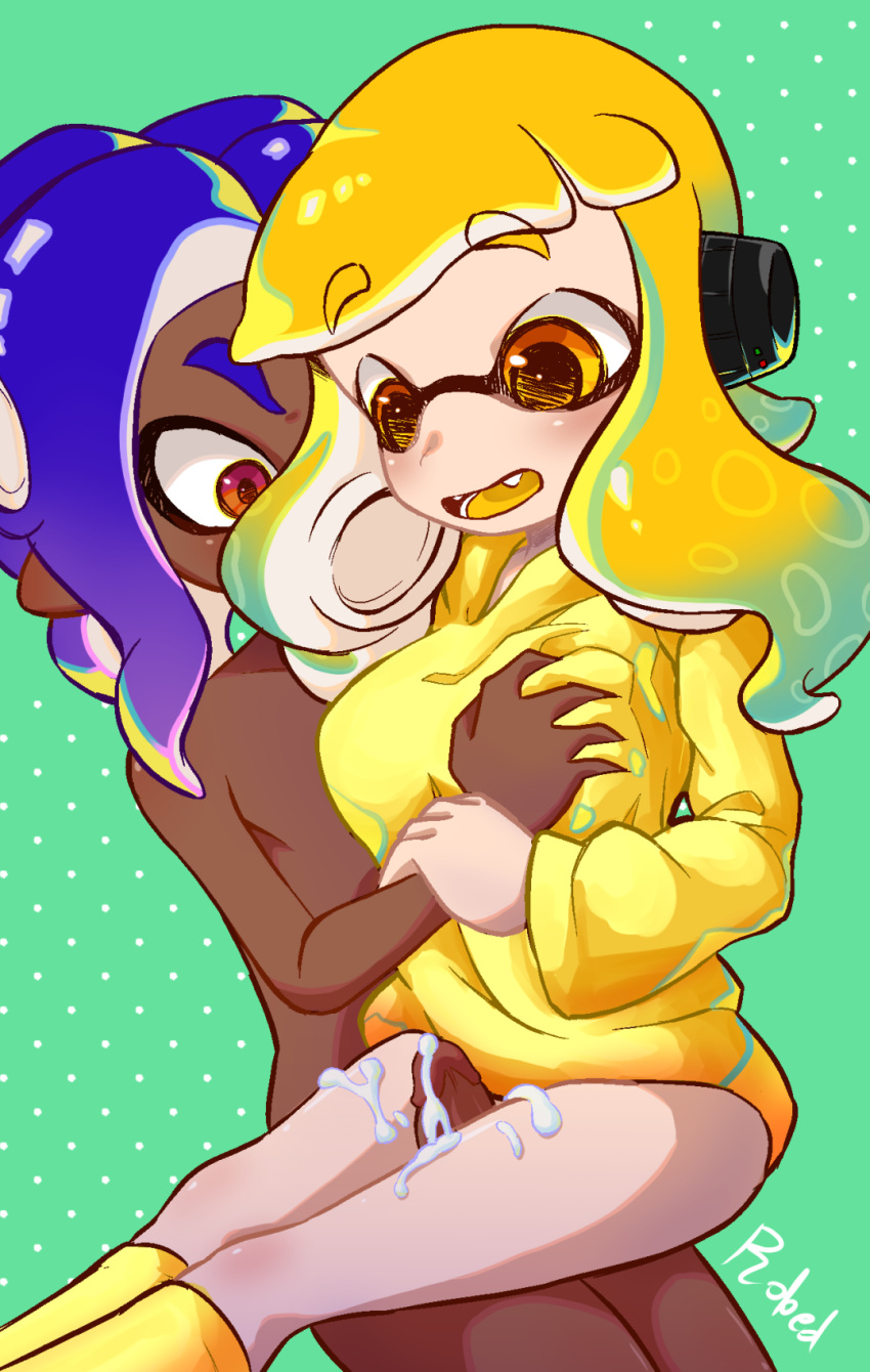 agent_4_(splatoon) animal_humanoid anthro breasts cephalopod cephalopod_humanoid clothed_female_nude_male cum_on_thighs eyebrows_visible_through_hair female groping groping_breasts groping_through_clothes hiro_(splatoon) hoodie humanoid inkling inkling_girl male mask_(marking) new_agent_3_(splatoon) nintendo octoling octoling_boy octopus pointy_ears pseudo_hair red_eyes robedart smiling socks splatoon splatoon_(series) splatoon_2 splatoon_2:_octo_canyon splatoon_3 squid tentacle tentacle_hair thigh_sex thighs yellow_eyes