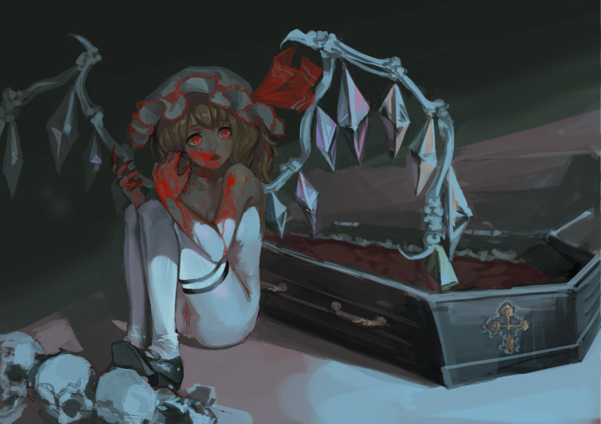 absurdres blonde_hair blood blood_on_face bloody_hands coffin collarbone fangs female flandre_scarlet full_body hat hat_ribbon highres legs_up liyou-ryon looking_to_the_side mary_janes mob_cap nude open_mouth pussy red_eyes ribbon shoes side_ponytail sitting skull slit_pupils solo thighhighs touhou vampire white_legwear wings