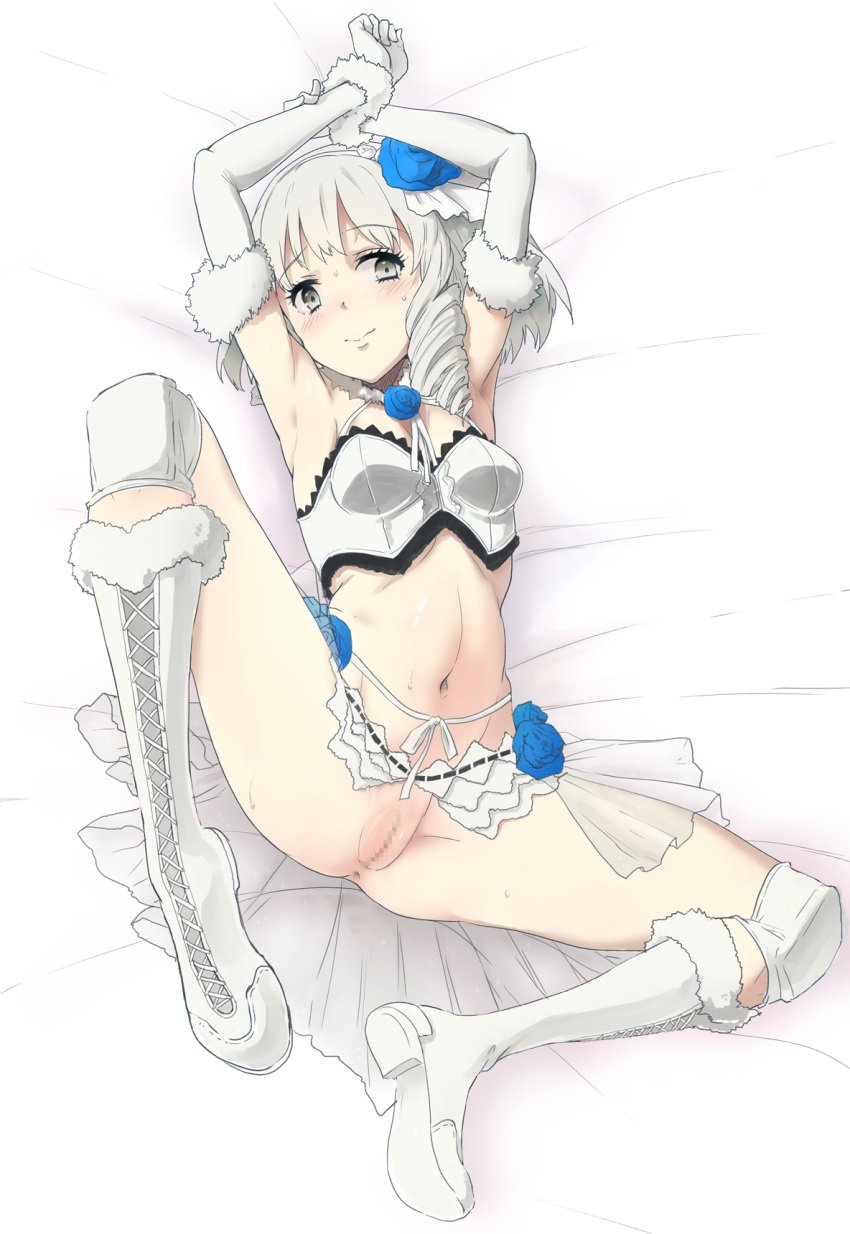 alternate_costume anus blue_rose blush boots breasts censored clothing cross-laced_footwear drill_hair elbow_gloves female flower gloves grey_eyes hair_ornament hairband highres himekouji_yuki knee_boots knee_pads kuzu_(miduhana) lying pussy ring_dream rose silver_hair skirt solo sweat