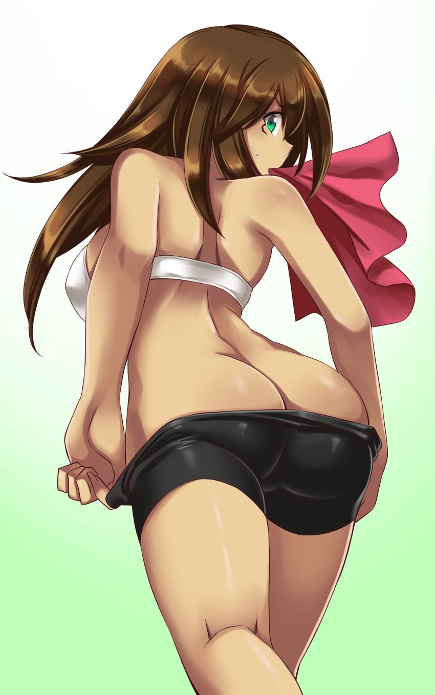 absurdres arseniquez ass back bandeau bare_shoulders bike_shorts breasts brown_eyes dark-skinned_female dark_skin facial_mark female green_eyes long_hair mana_(yu-gi-oh!) mouth_hold short_shorts shorts shorts_pull sideboob solo standing sweatdrop undressing yu-gi-oh!