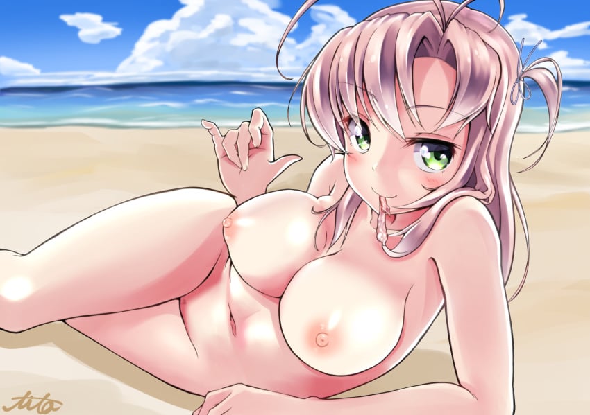 areolae beach blush breasts cleavage cloud condom female green_eyes highres horizon kantai_collection kinugasa_(kantai_collection) looking_at_viewer lying mouth_hold navel nipples nude on_side pink_hair pubic_hair smile soba_chatarou_(tita) solo water