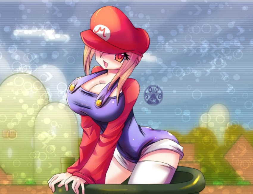 1girls blonde_hair breasts cleavage clothing female female_focus female_only fully_clothed genderswap_(mtf) huge_breasts large_breasts looking_at_viewer mario mario_(cosplay) mario_(series) mario_hat nintendo outdoors overalls rule_63 solo super_mario_bros. tagme thighs warp_pipe white_hair yant_(artist)