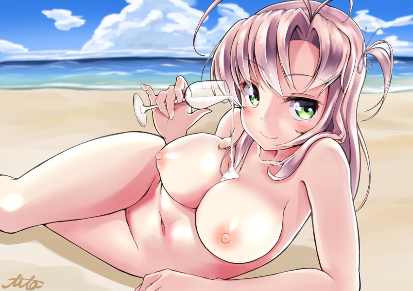 areolae beach blush breasts cleavage cloud cum cup female green_eyes highres horizon kantai_collection kinugasa_(kantai_collection) looking_at_viewer lying navel nipples nude on_side pink_hair pubic_hair smile soba_chatarou_(tita) solo water