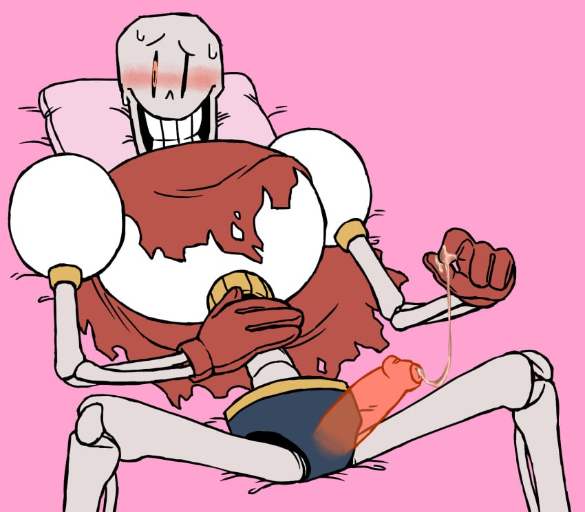 blush bone cum male male_only papyrus penis pillow skeleton smile sweat tinybeasts undertale undertale_(series)