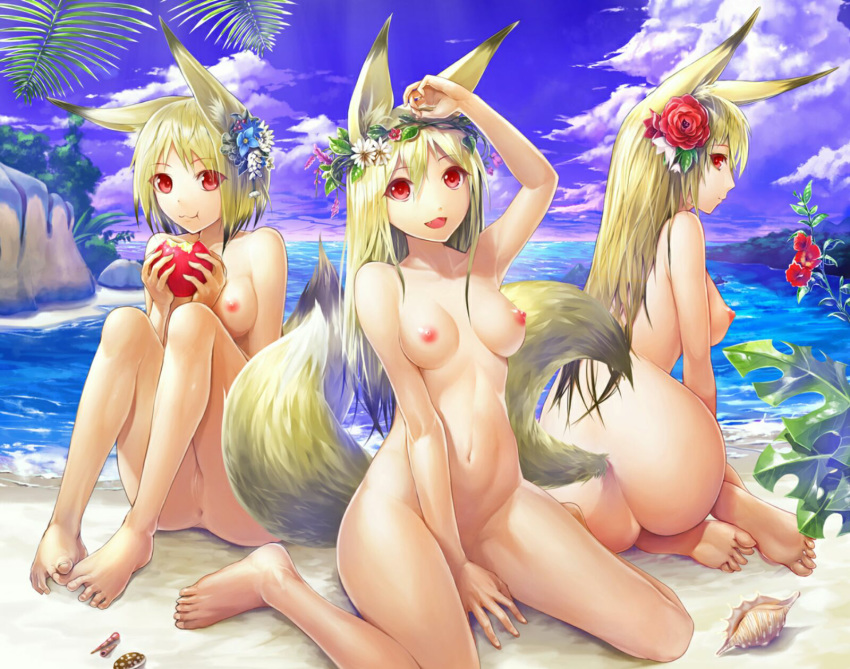 3girls animal_ears animal_humanoid anthro anus ass barefoot beach blonde blonde_hair breasts canine feet female female_only flower food fox fox_ears fox_girl fox_humanoid fox_tail fruit hair hair_ornament high_resolution humanoid kitsunemimi large_breasts long_hair looking_at_viewer looking_back mammal medium_breasts multiple_girls navel nipples nude ocean open_mouth outside pale-skinned_female pale_skin pose pussy red_eyes sand sea sea_shell seaside shell short_hair sitting small_breasts smile soles solru tail tyappygain vagina water