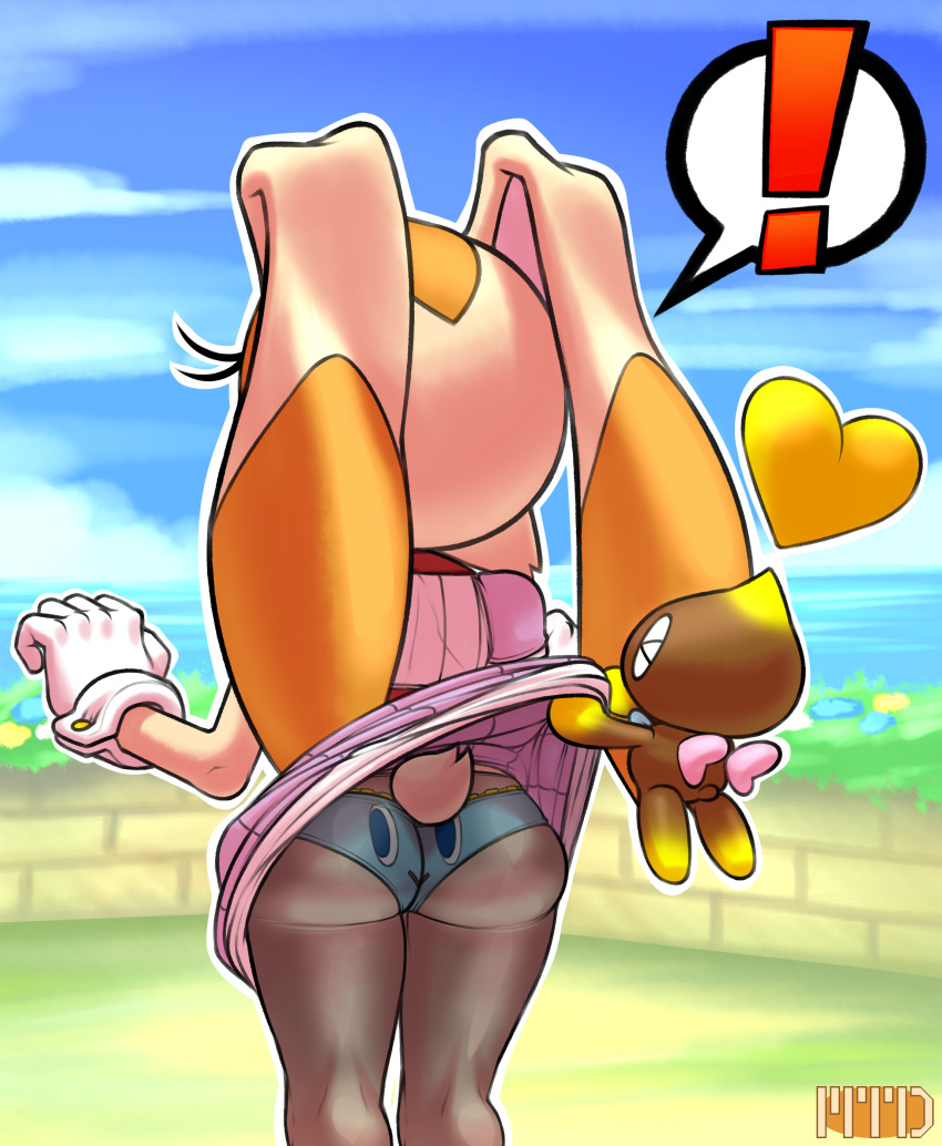 ! <3 absurdres anthro ass assisted_exposure back_view chao_(sonic) chocola_the_chao dat_ass dress eyelashes female fur furry gloves heart highres lace-trimmed_panties lagomorph larger_female male mammal marthedog milf mother orange_fur outdoors panties panties_under_pantyhose pantyhose rabbit sega signature size_difference skirt_lift smaller_male sonic_(series) speech_bubble standing surprised tail tan_fur thick_thighs thighs underwear vanilla_the_rabbit