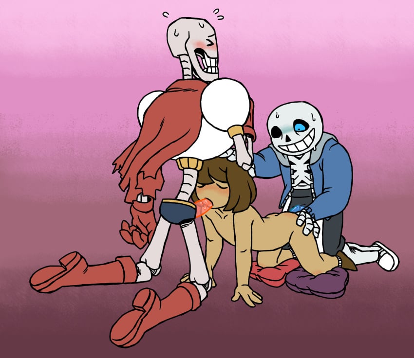 ambiguous_gender ambiguous_penetration blush bone frisk group group_sex meta_request oral papyrus papyrus_blush papyrus_penis penis sans sans_blush sans_eye sans_penis sex skeleton smile spitroast sweat tinybeasts undertale undertale_(series)