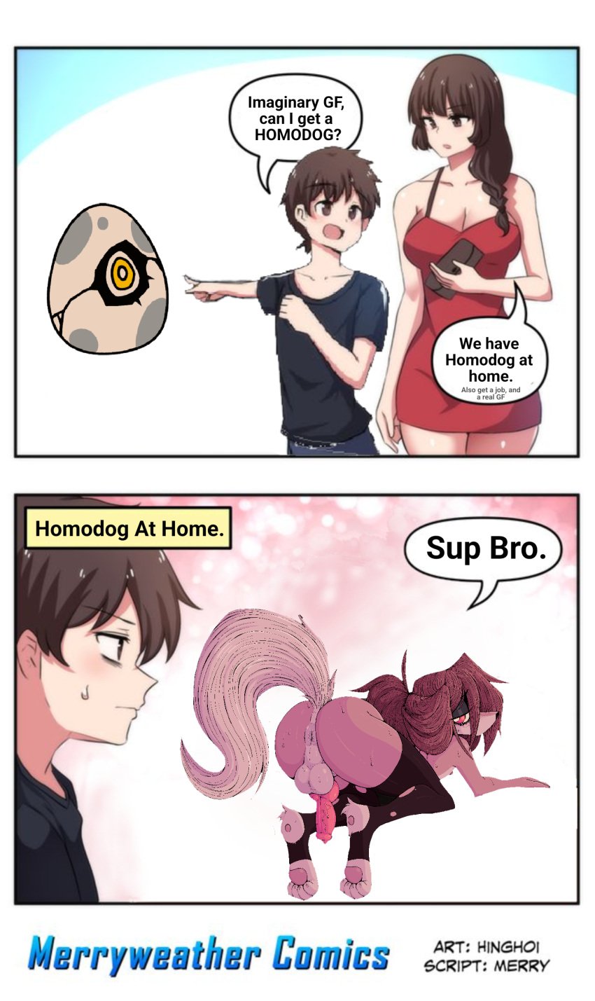 1boy 2_panel_comic 2girls anus black_stockings edit hanging_balls hinghoi homeless_dog meme panels penis ponporio_(artist) sad_expression shemale stockings tail_raised testicles text we_have_food_at_home_(meme)