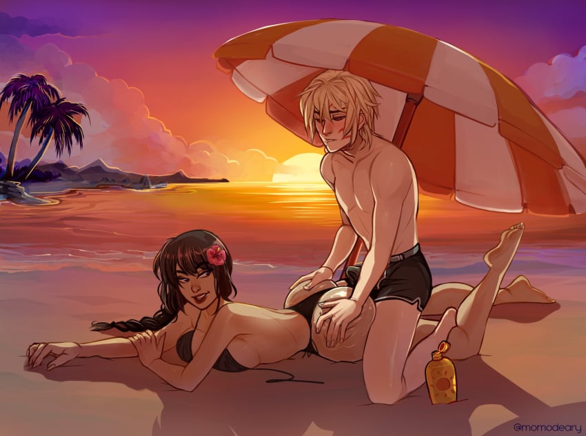 1boy 1girls beach momodeary original_character straight sunscreen tagme