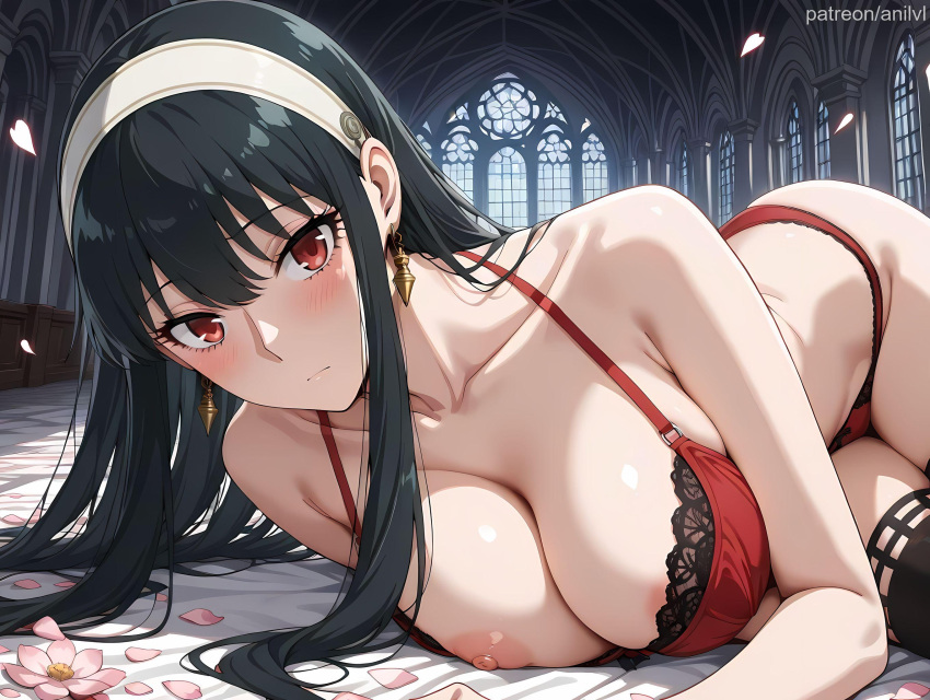 1girls ai_generated anilvl areola_slip bangs bare_shoulders bed_sheet black_hair black_thighhighs blush bra bra_pull breasts cleavage closed_mouth collarbone earrings falling_petals flower gold_earrings hairband indoors jewelry lace-trimmed_bra lace-trimmed_panties lace_trim large_breasts lingerie long_hair looking_at_viewer lying nipple_slip nipples on_bed on_side one_breast_out panties petals red_bra red_eyes red_panties sidelocks solo spy_x_family thighhighs thighs underwear underwear_only white_hairband window yor_briar yor_forger