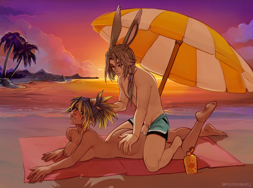 1boy 1girls 2d beach final_fantasy final_fantasy_xiv hyur momodeary original_character straight sunscreen tagme viera