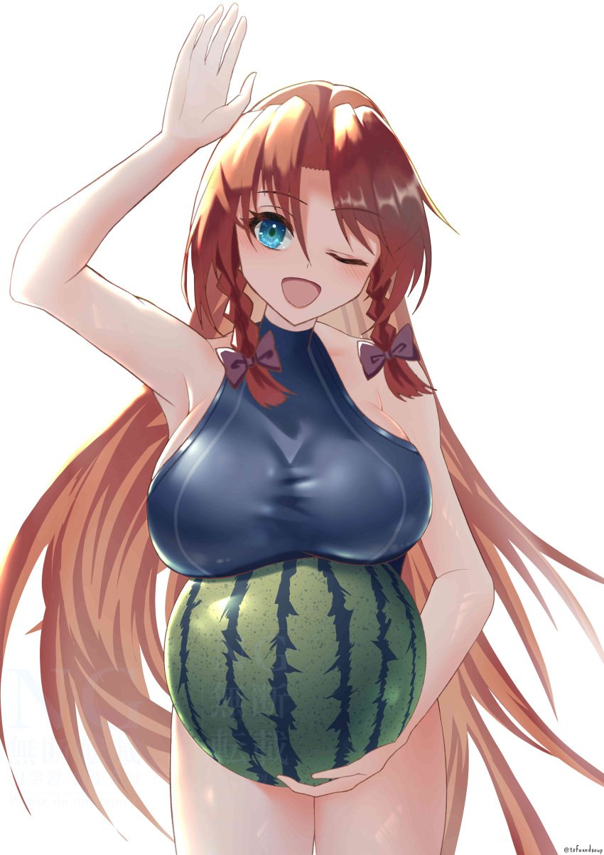 1girls arm_up big_breasts blue_eyes hong_meiling long_hair one_eye_closed open_mouth red_hair resting_breasts sideboob stretched_clothing swimsuit tight_clothing tofu_soup touhou twin_braids watermark watermelon waving