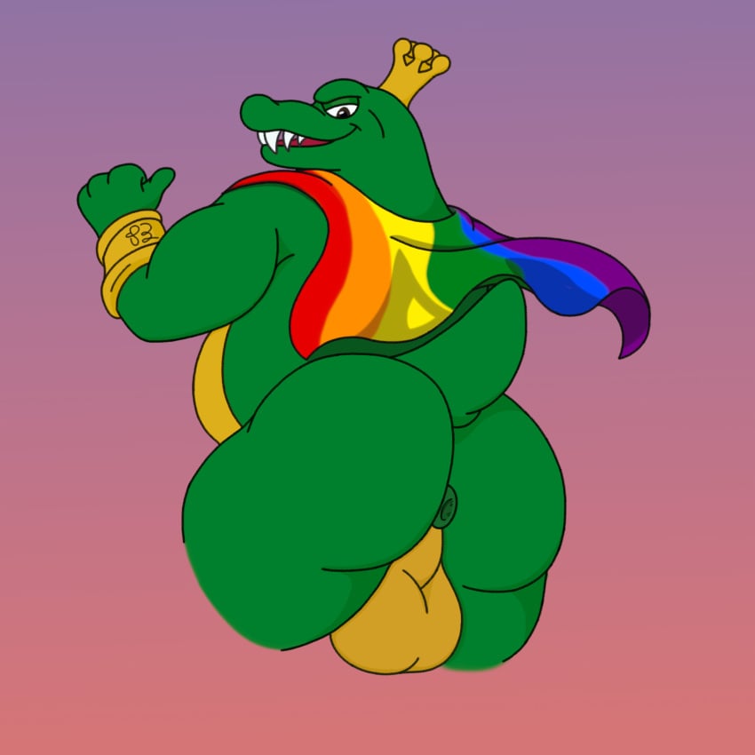 1:1 anthro anus ass backsack balls big_butt bracelet cape clothing crocodilian crown donkey_kong_(series) genitals gesture gold_balls gradient_background green_body hand_gesture headgear hi_res jewelry k_rool kremling lgbt_pride looking_at_viewer male mostly_nude multicolored_cape multicolored_clothing nintendo open_mouth overweight overweight_male pointing pointing_at_self presenting presenting_hindquarters pride_colors puffy_anus rainbow_cape rainbow_clothing raised_tail reptile scalie sharp_teeth simple_background smile solo tail teeth tongue waniiime