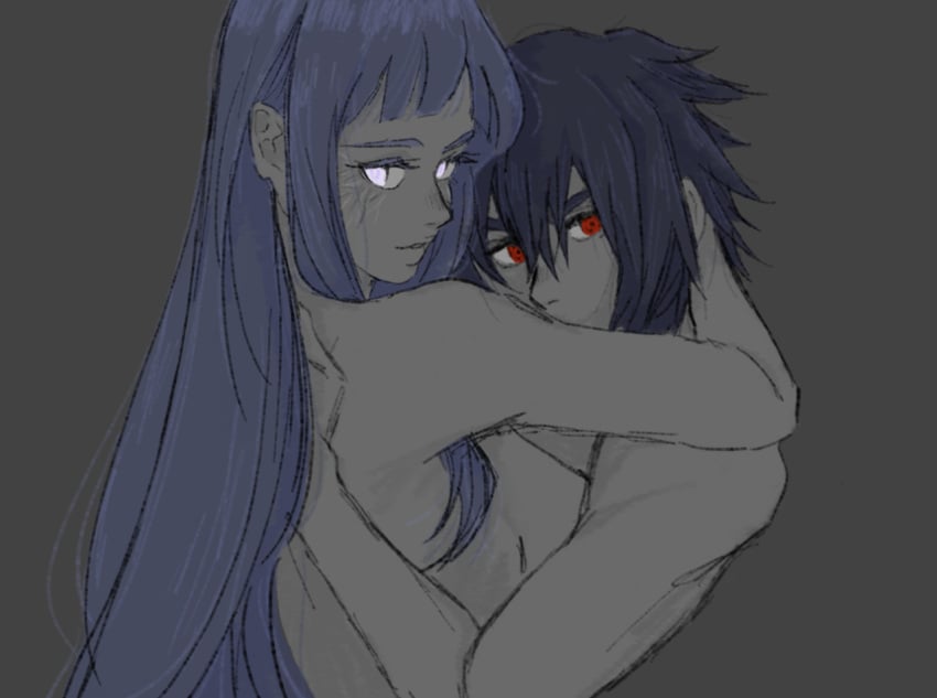 1boy 1girls chest_to_chest dark_hair embrace female hand_in_hair hugging hyuuga_hinata long_hair looking_at_viewer male male/female naked naked_hug naruto naruto_(series) naruto_shippuden nude red_eyes sasuke_uchiha shirtless straight topless