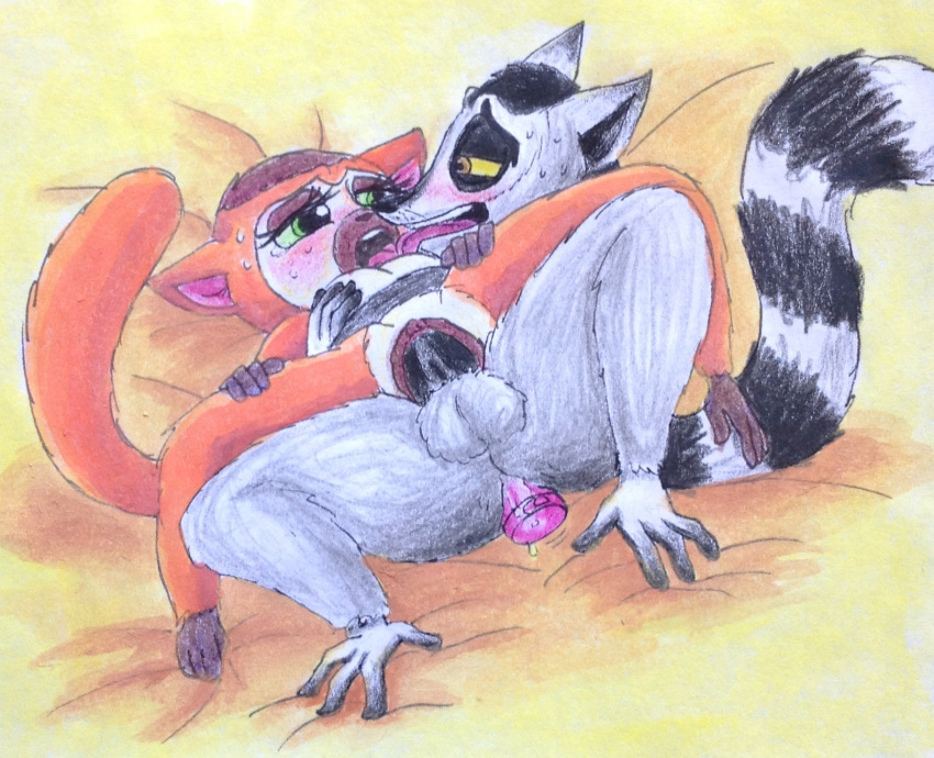 1boy 1boy1girl 1girls all_hail_king_julien anal_plug blush clover_(madagascar) dreamworks female furry furry_only king_julien madagascar_(series) male puku83 sex tongue_kiss